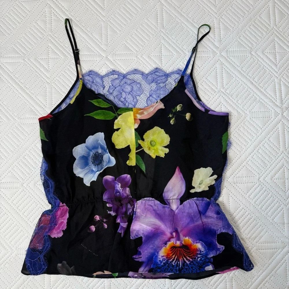 Fleur du Mal Black Floral Camisole With Blue Lace Size M - Picture 7 of 11